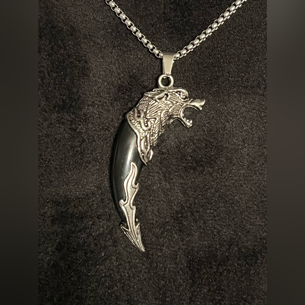 Silver toned Wolf Fang Pendant 28” Necklace - Black Inlay